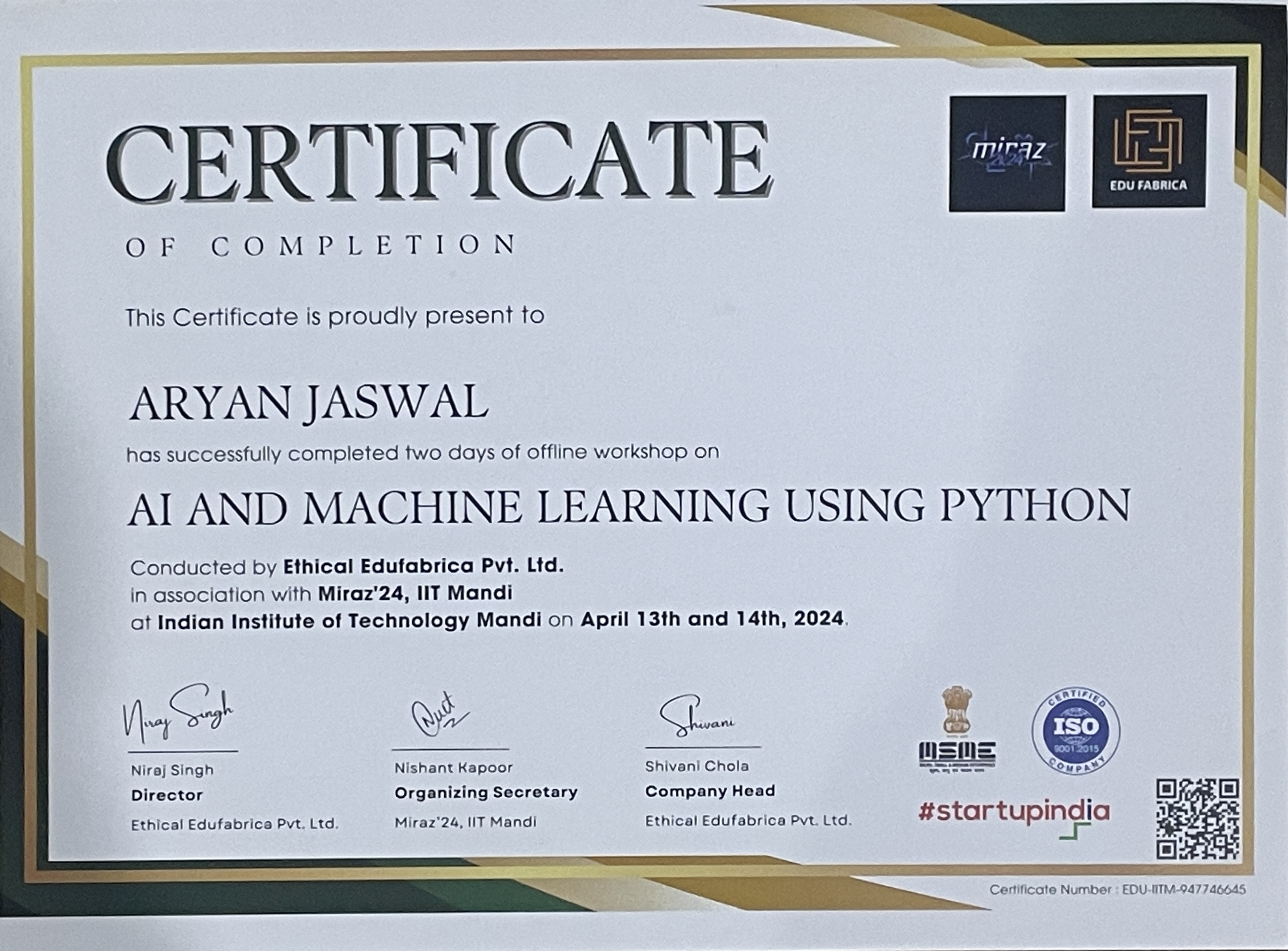 IIT Mandi Workshop Certificate